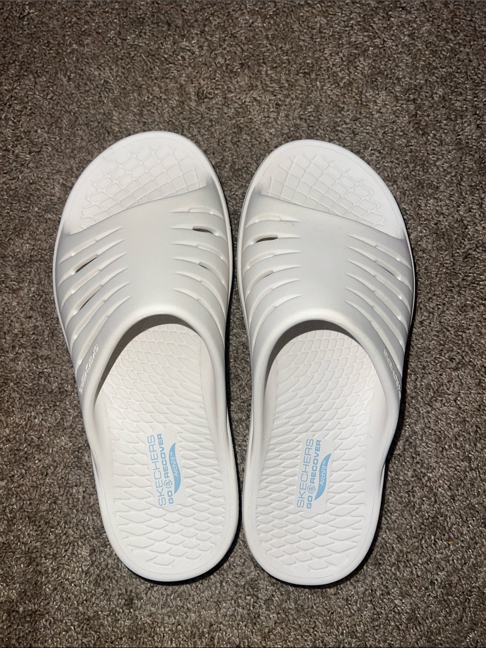Skechers All-White Slip-On Comfort Slides with Subtle Glitter Detail